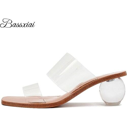 PVC Transparent One-Strap Lazyman Mules For Girls Clear Crystal Ball Strange Heel Square Open Toe Summer Sandals Women