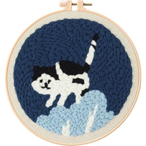 Cute Cat Punch Needle Starter Kit, Beginner Punch Needle Kit with Adjustable Hoop, Yarn, Burlap with Pattern, English Manual