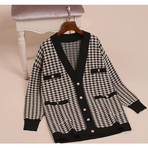 2021 spring and autumn new womens youth houndstooth pattern V-neck long-sleeved mid-length sweater knitted cardigan