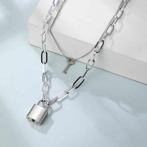 New Hip Hop Multi Layer Pendants Necklaces for Women Gold Color Lock Key Thick Chain Alloy Metal Necklace Fashion Jewelry Gift