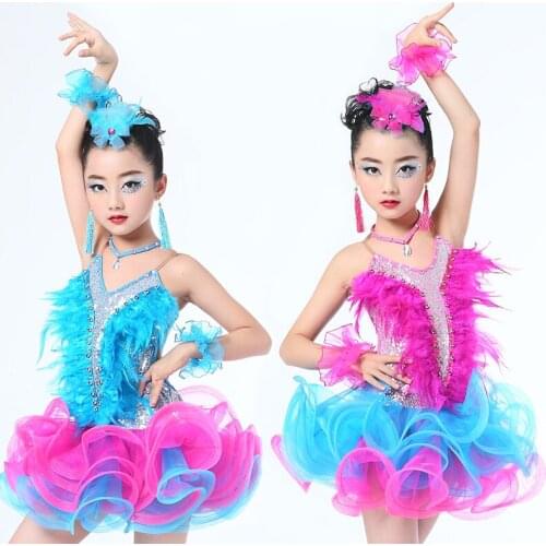 Feather Sequin Modern Latin Dance Dress for Girls Ballroom Samba Rumba Competition Children Kids Dancing Practice Salsa Tango