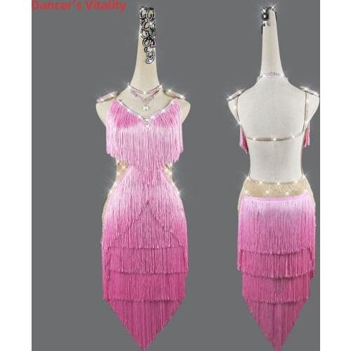 Latin Dance Dress V-Neck Tassel Long Skirt Diamond-Studded Performance Clothing High-End Custom Child Woman Competition Clothes