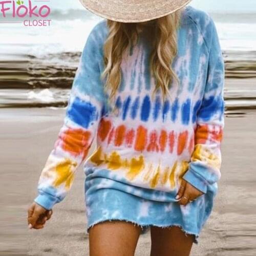 Flokocloset Tie Dye Bohemian Print Gradient Long Sleeve Dress Elegant O-Neck Mini Pullover Dresses