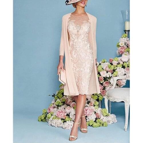 Two Piece Sheath / Column Mother of the Bride Dress Elegant Jewel Neck Knee Length Lace 3/4 Length Sleeve with Embroidery 2021