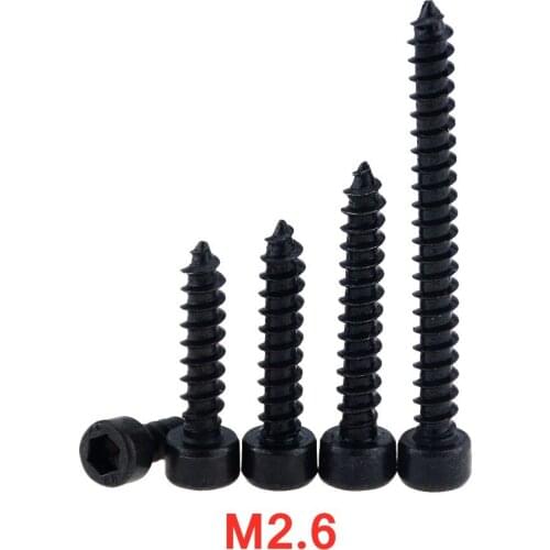 50 Pcs/lots M2.6*6-16mm 8 10 12 Carbon Steel 8.8 Grade Black Hexagon Socket Cap Head Self Tapping Screw Model Screws For Speaker