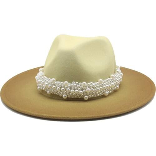 Fedora hats wide brim gradient band belt pearl luxury brand handmade women hat men autumn winter jazz caps winter women hat new
