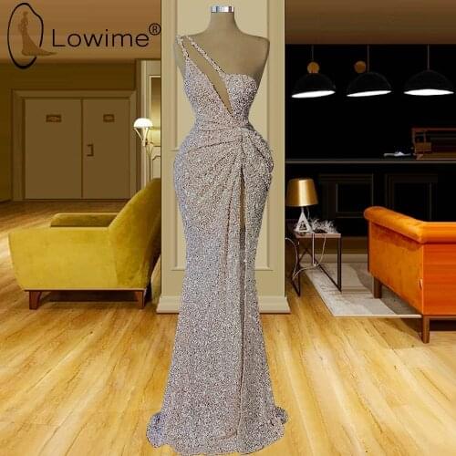 One Shoulder Sparkly Sequins Mermaid Evening Dresses Sexy High Slit Wedding Party Prom Gowns 2021 robe de soirée