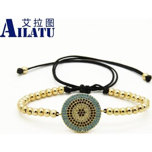 Ailatu High Grade Jewelry Wholesale Micro Pave Black Cz Big Round Eye Connector Protection Macrame Bracelets