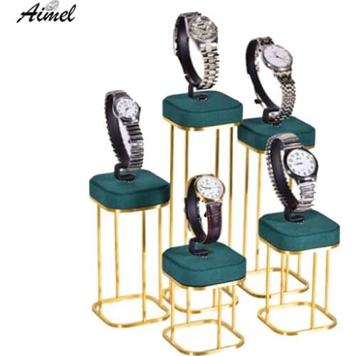 Green Microfiber Watch Holder With Gold Metal Rack Window Counter Wristwatch Bracelet Jewelry Display Organizer Holder Stand