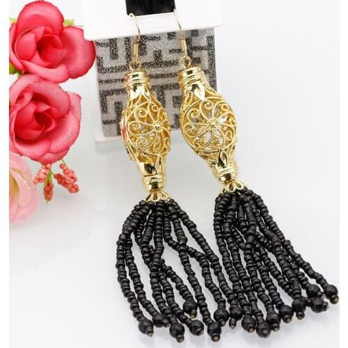 SUNSPICE MS Morocco Black Bead Tassels Dangle Earrings For Women Gold Color Hollow Hook Wedding Earring Indian Jewelry Gifts