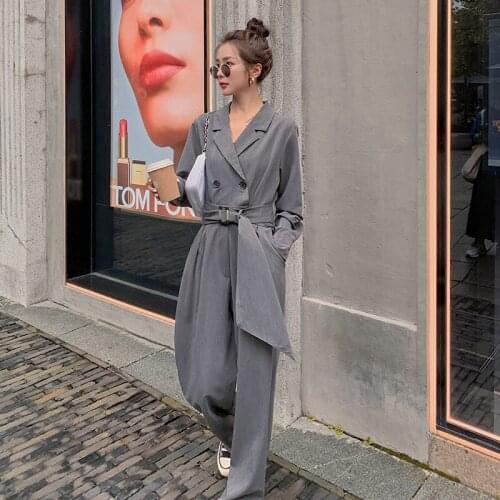 Women Fashion Elegant Gray Suit Jumpsuit Spring Autumn Long Sleeve Loose Wide Leg One Piece Pants Sets Overalls Rompers 2059