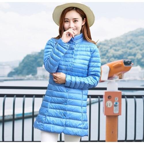 2020 Women White Duck Down Coat Ultra Light Autumn Winter Down Jacket Long Coat Stand Collar Solid Color Warm Parka Plus Size
