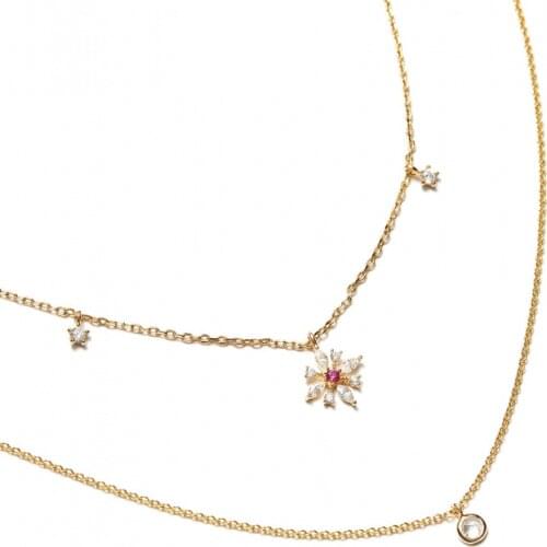 Cz flower drop charm double layer 2 layer women chain necklace 925 sterling silver women collar
