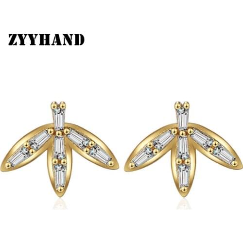 Golden Clean Stone Women Stud Earring Girl Bamboo Shape Latest Platinum-Plated Romantic Cute Design Lady Party Wedding Jewelry