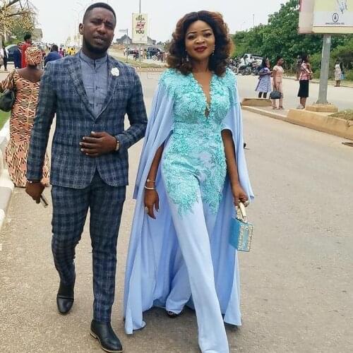 Africa Blue Evening Dress Jumpsuit with Wrap Cape Lace Appliqued Plus Size Women Outfit Prom Dresses Pant Suit Robe de mariée