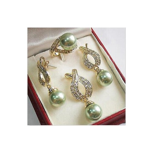 Free Shipping >> Natural 12mm Green Shell Pearl Pendant Necklace Earrings Ring Sets+ Free Chain