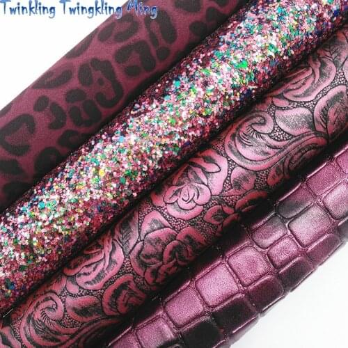 Wine Glitter leather, Leopard Printed Sude, Flowers and Crocodile Embossed Faux Leather For Bow A4 21x29CM Twinkling Ming KM272