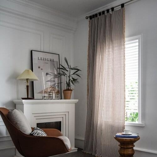 Bohemian Navy Brown Stripe Printing Tassel Small Window Kitchen Curtain Nordic Cotton And Linen Semi-Shading Bay Window Curtain