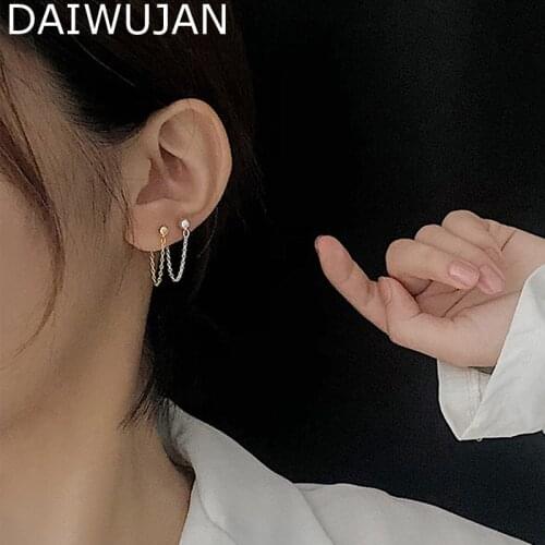 DAIWUJAN Hipster Minimalist Short Silver Chain Stud Earrings For Women Men Bead Tassel Hanging Earrings Unisex Party 925 Jewelry