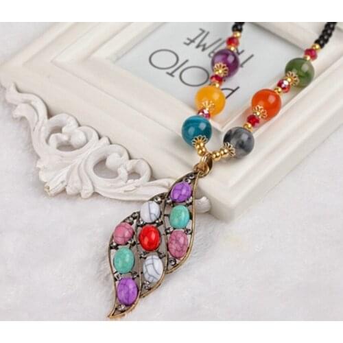 FYSL Light Yellow Gold Color Leaf with Many Turquoises Stone Pendant Long Beads Chain Necklace Trendy Jewelry