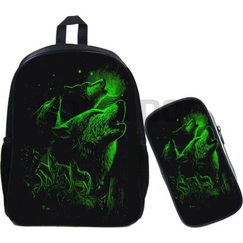 Cool Wolf Print 16 Inch School Backbags Teen Boys Girls Mochila Backpack 2pcs/sets with Pencil Case Bookbag Kids Travel Rucksack