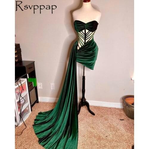 African Style Short Prom Dresses 2021 Designed See Through Pleated Green Velvet Party Cocktail Prom Dress With Long Train