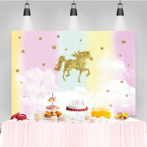 Laeacco Rainbow Unicorn Golden Star Light Bokeh Birthday Photo Photography Background Photographic Backdrop For Photo Studio
