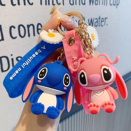 Cartoon Keychain Angel Stitch Mickey Mouse Donald Duck Piglet Kawaii PVC Figures Pendant For Ladies Car Bag Keyring Ornament