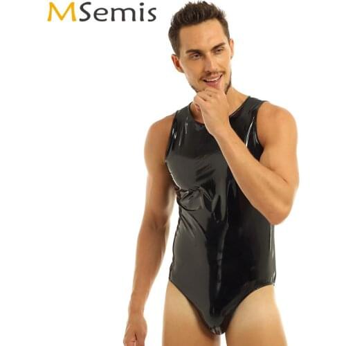 Men Hot Glossy Latex Catsuit Lingerie Sexy Leotard High Cut Thong Teddy Bodysuit Sleeveless Zipper PVC Leather Jumpsuit Clubwear