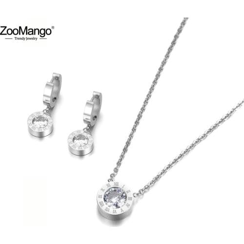 ZooMango Roman Numerals Cubic Zirconia Pendant Necklace Earrings Ring Jewelry Sets Titanium Steel For Wedding Bands ZSE007P