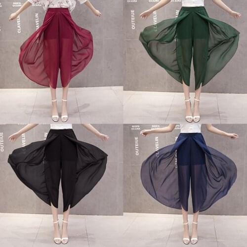 New Chiffon Pants Summer Women Pants Wide Leg High Waist Split Casual Loose Candy Color Womens Skirt Trousers Plus Size M-5XL