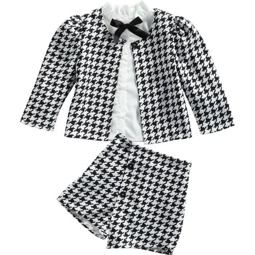 Girls Casual Three-piece Clothes Set, Black Houndstooth Printed Pattern Cardigan, Shorts and Shirt