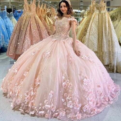 Blush Pink 3D Floral Quinceanera Dresses 2021 Shiny Tulle Lace-up Off Shoulder Puffy Princess Sweet 16th Vestidos formales