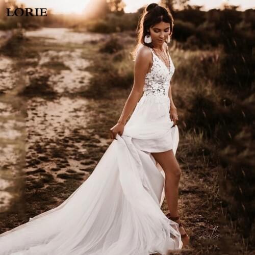LORIE Boho Wedding Dress Spaghetti Strap Appliqued Lace Beach Wedding Gown Sexy Backless Bride Dresses 2019