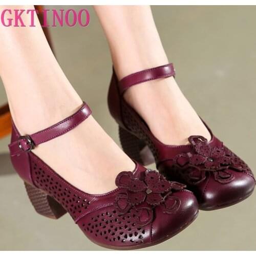 GKTINOO High Heels Genuine Leather Pumps Women Shoes 2021 New Autumn Retro Casual Round Toe Flower Handmade Ladies Shoes