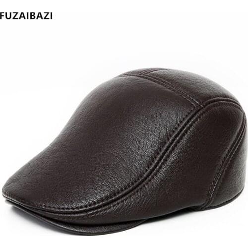 FUZAIBAZI High Quality Genuine Leather Hat Men Fashion First Layer Sheep Skin Berets Adjustable Leisure Motion Brand Winter Caps