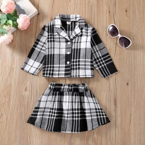 Girls Plaid Print Clothes Set Long Sleeve Lapel Neck Button-up Tops Short A-line Skirt Lapel Neck