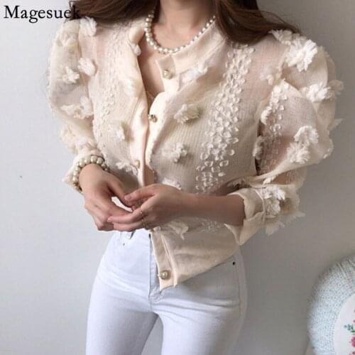 Fashion Stereoscopic Flower Blouse Women Elegant Chiffon Shirt 2021 Autumn New Perspective Apricot Long Sleeve Ladys Tops 15443