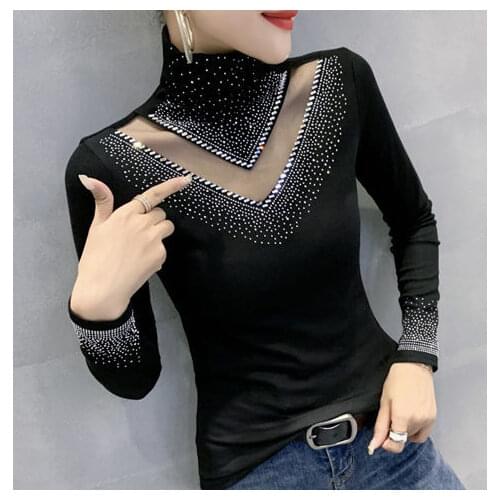 Woman Tshirts Autumn and Winter Turtleneck Womens Long-Sleeved Hollow Hot Rhinestone Top Ropa Mujer Camisetas