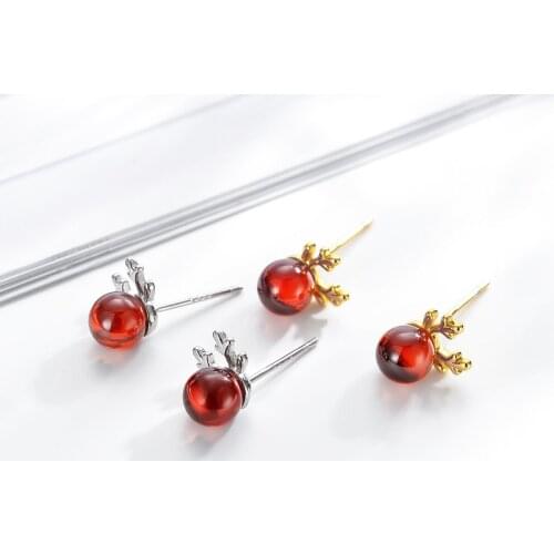 100% Real 925 Sterling Silver Red Zirconia Cute Reindeer Stud Earrings For Young Lady Daughter Women Winter Christmas Gift