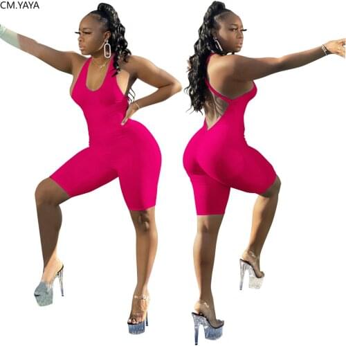 CM.YAYA Women Halter Neck Sleeveless Open Back Playsuit Sport Solid Cross Back Skinny Romper One Piece Overall Bodysuit 5 Color