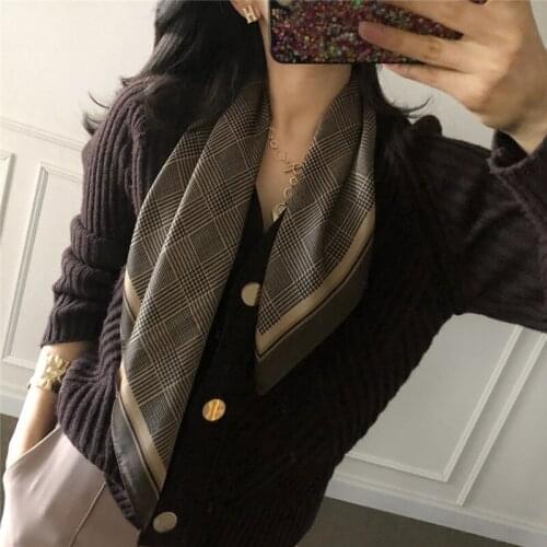 Luna&Dolphin Spring Women Square Scarf 70x70cm Office Delicate Plaid Houndstooth Chiffon Silk Bandana Black Hijab Neckerchief