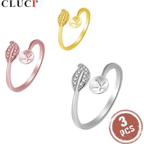 CLUCI 3pcs Silver 925 Rose Gold Leaf Open Ring Adjustable Sterling Silver Women Pearl Ring Mounting Valentine Gift SR2043SB