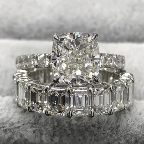 Original 925 Sterling Silver Created Diamond Wedding Engagement Cocktail Women 5ct Cushion cut Diamond Band Rings Jewelry