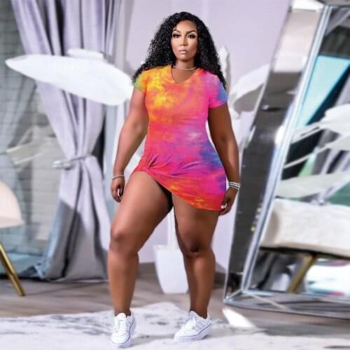 Rainbow Tie Dye Print Summer Bandage Dress for Women Deep V Neck Short Sleeve Slim Dress Streetwear Draped Side Split Vestidos