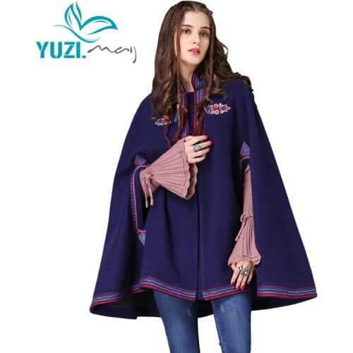 Winter Women Coat 2017 Yuzi.may Boho New Wool Casacos Stand Collar Vintage Flower Embroidery Loose Cloak Casaco Feminino B9231
