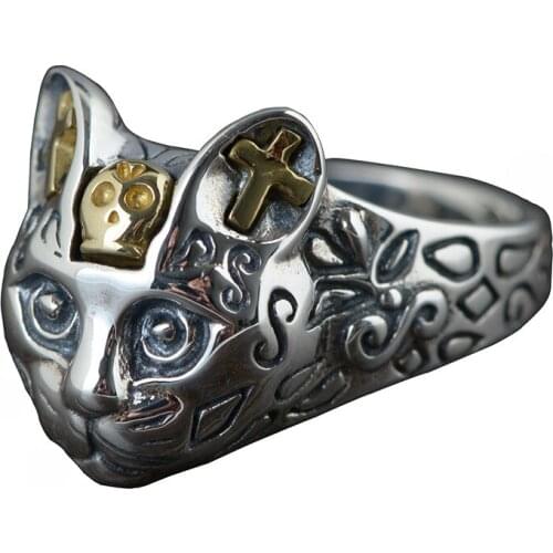 2020 new trendy antique rock roall men gold color cat animal ring biker style