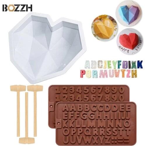 BOZZH 5Pcs 3D Diamond Heart Silicone Mould Love Heart Silicone Cake Mould Chocolate Heart Cake Mold For Birthday Fondant Baking