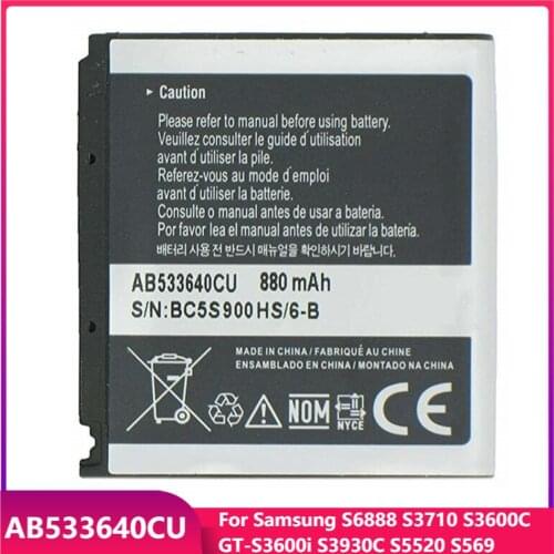 Original Phone Battery AB533640CU For Samsung S6888 S3710 S3600C GT-S3600i S3930C S5520 S569 Replacement Batteries 880mAh