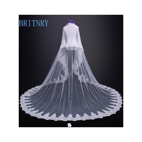 BRIRTNRY 4 Meters Ivory Wedding Veils Lace Edge Bridal Veil Sequins Long Veil Wedding Accessories Bride Mantilla Wedding Veil